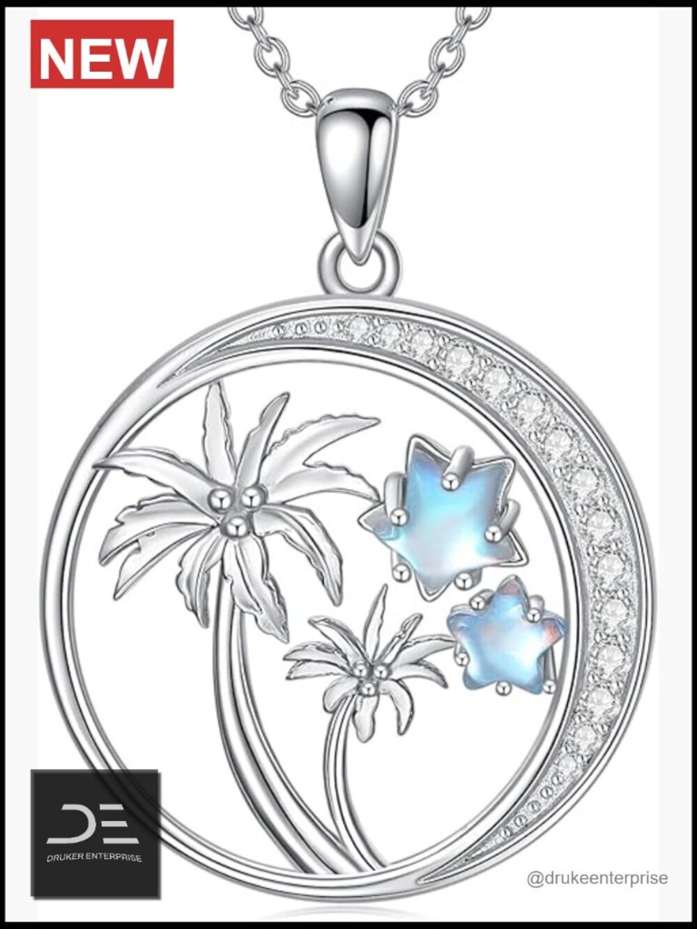 925 Sterling Silver Coconut Tree Pendant Necklace with Moonstone Summer Beach